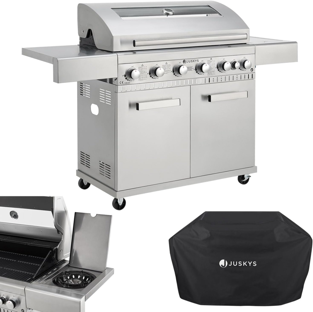 Juskys BBQ Gasgrill Minnesota - 6 Brenner und 1 Seitenbrenner - XXL Edelstahl Gas Grill mit Gusseisen Grillrost, Kochfeld, Unterschrank für Gasflasche Bild 1