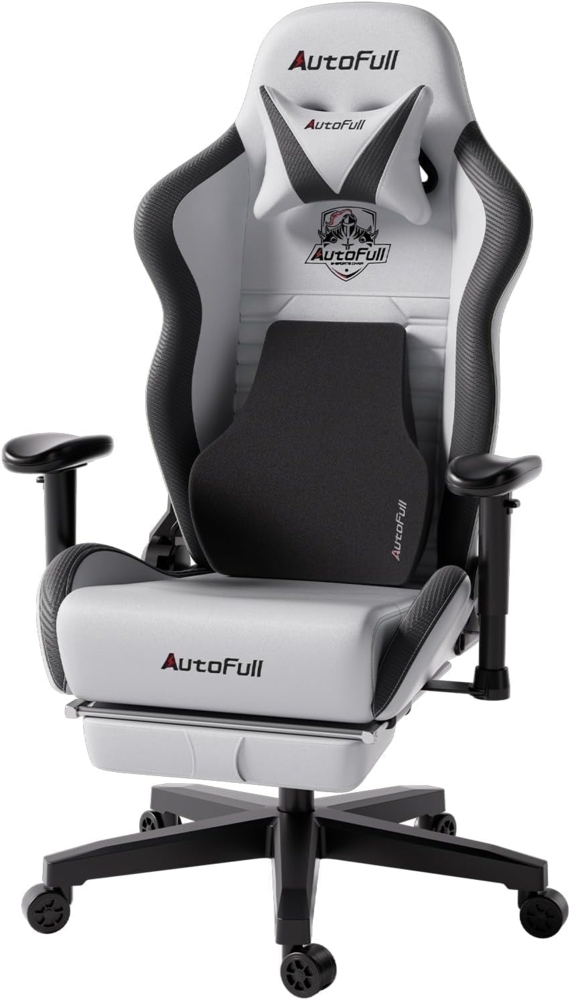 AutoFull Gaming Stuhl Bürostuhl Gamer Ergonomischer Schreibtischstuhl PC-Stuhl mit hoher Rückenlehne und Lendenwirbelstütze,Einstellbare Sitzhöhe und Rückenlehnenneigung, Fußstütze,Grau Bild 1