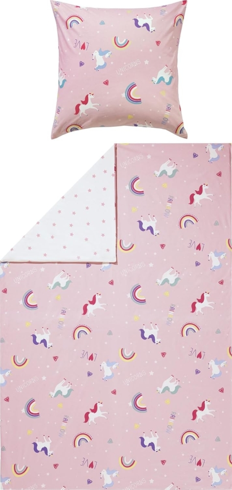 Erwin Müller Kinderbettwäsche Kinder-Wendebettwäsche, Biber, Feinbiber Motiv: Einhorn, Regenbogen, Herz Bild 1