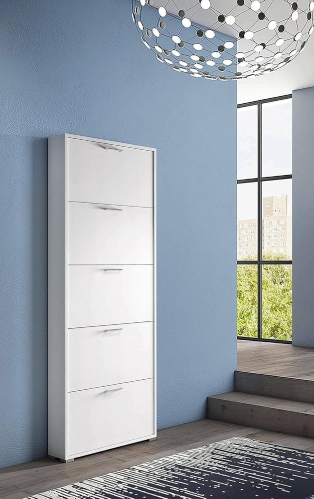Dmora - Schuhregal Margherita, Mehrzweck-Eingangsmöbel mit 5 Falttüren, Moderner Schuhschrank, 100 % Made in Italy, 67 x 18 x 184 cm, Weiß, Bild 1