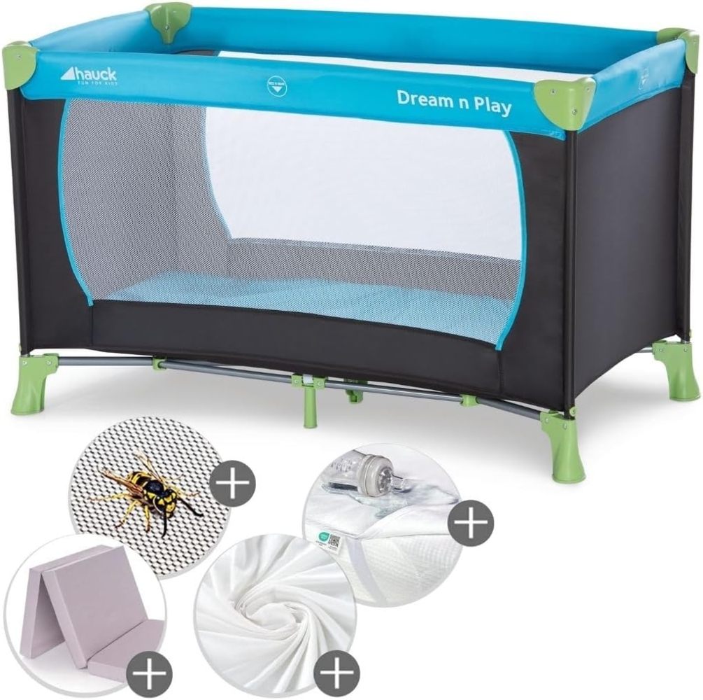 hauck Reisebett Dream N Play XXL-Sparset - inkl. Alvi Reisebett-Matratze + wasserdichte Betteinlage + 2 Spannbettlaken + Insektenschutz - Waterblue Bild 1