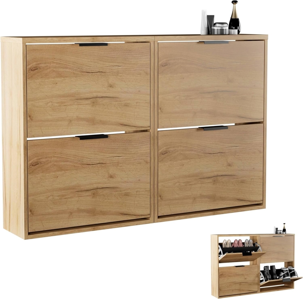 Planetmöbel 2 x Schuhschrank schmal mit 2 Klappen platzsparender Schuhregal mit 4 Ablagen, Schuhkommode für Diele, Flur, Garderobe 60 x 23 x 80,5 cm, Gold Eiche Bild 1