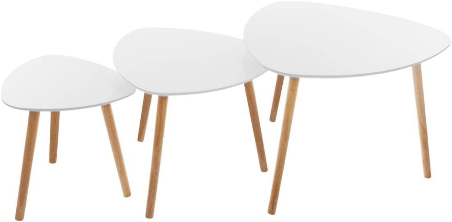 Set aus drei Couchtischen, mit weißen Tischplatten und Holzbeinen, klein und einfach zu transportieren und zu verstauen. Bild 1