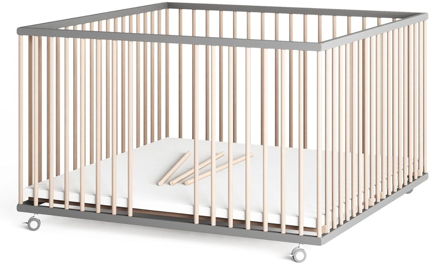 Sämann Laufstall Baby mit 3 Schlupfsprossen | TÜV geprüft | stufenlos höhenverstellbar | Laufgitter Premium | Babybett aus Holz | Krabbelgitter (grau/natur, 120x120 cm) Bild 1