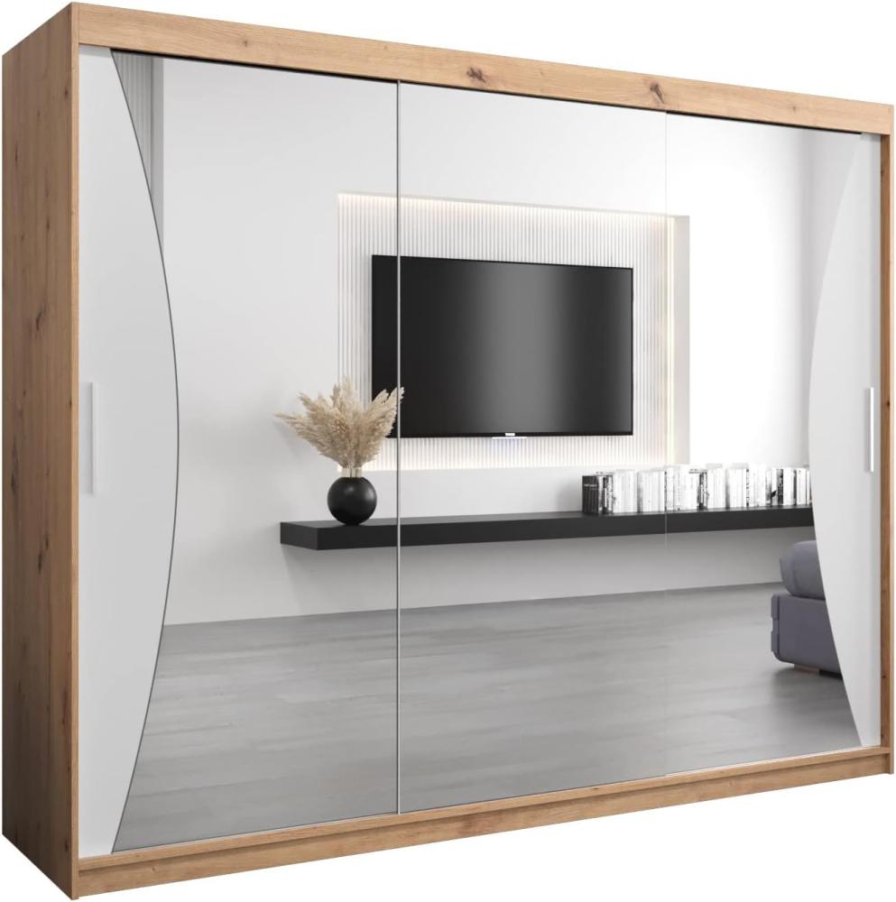 Kryspol Schwebetürenschrank Monaco 250 cm mit Spiegel Kleiderschrank mit Kleiderstange und Einlegeboden Schlafzimmer- Wohnzimmerschrank Schiebetüren Modern Design (Artisan Eiche + Weiß) Bild 1