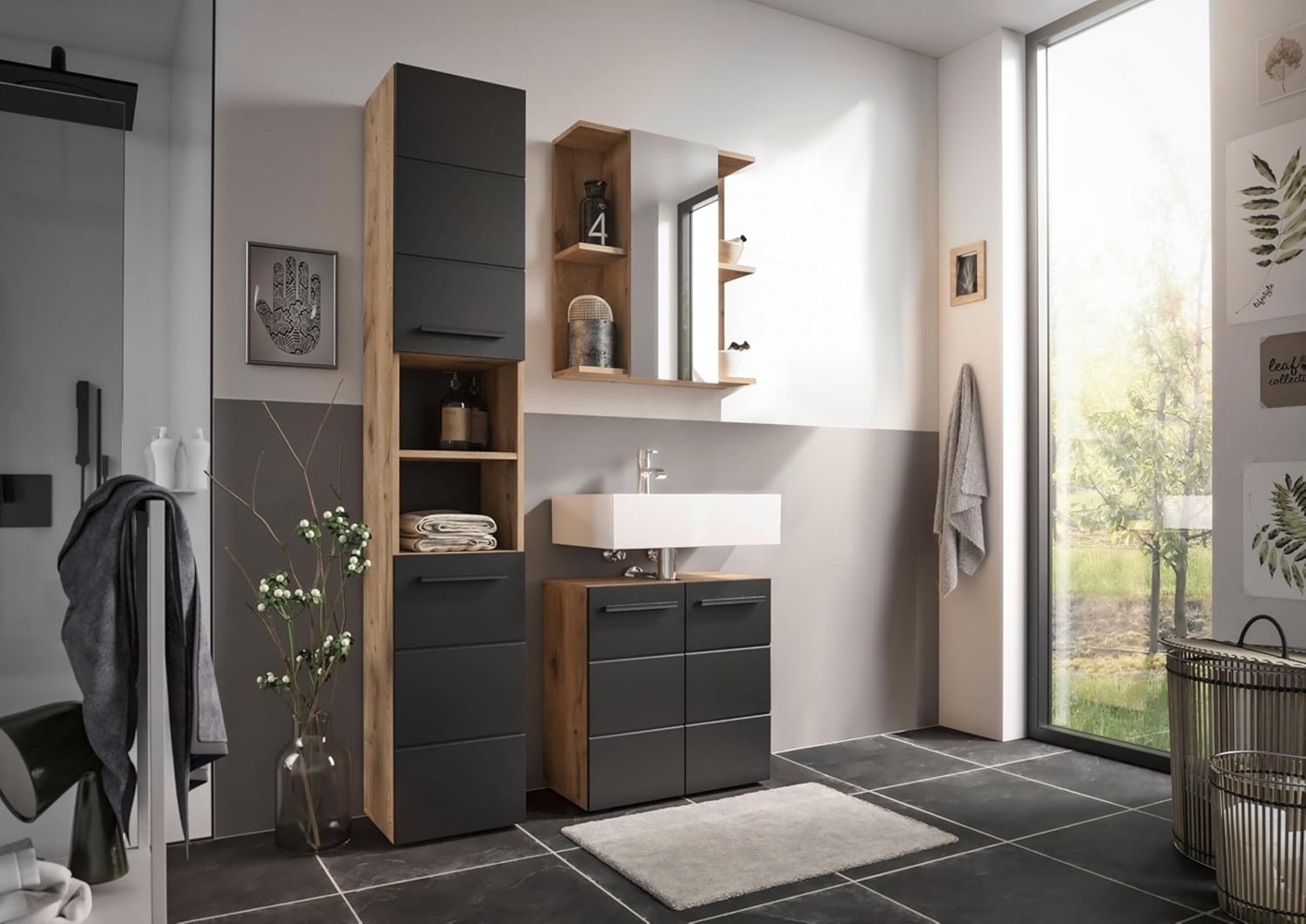 moebel-dich-auf Badmöbel-Set Vail, (Set 2, Hochschrank, Spiegelschrank, Waschbeckenunterschrank, 3-St) Bild 1
