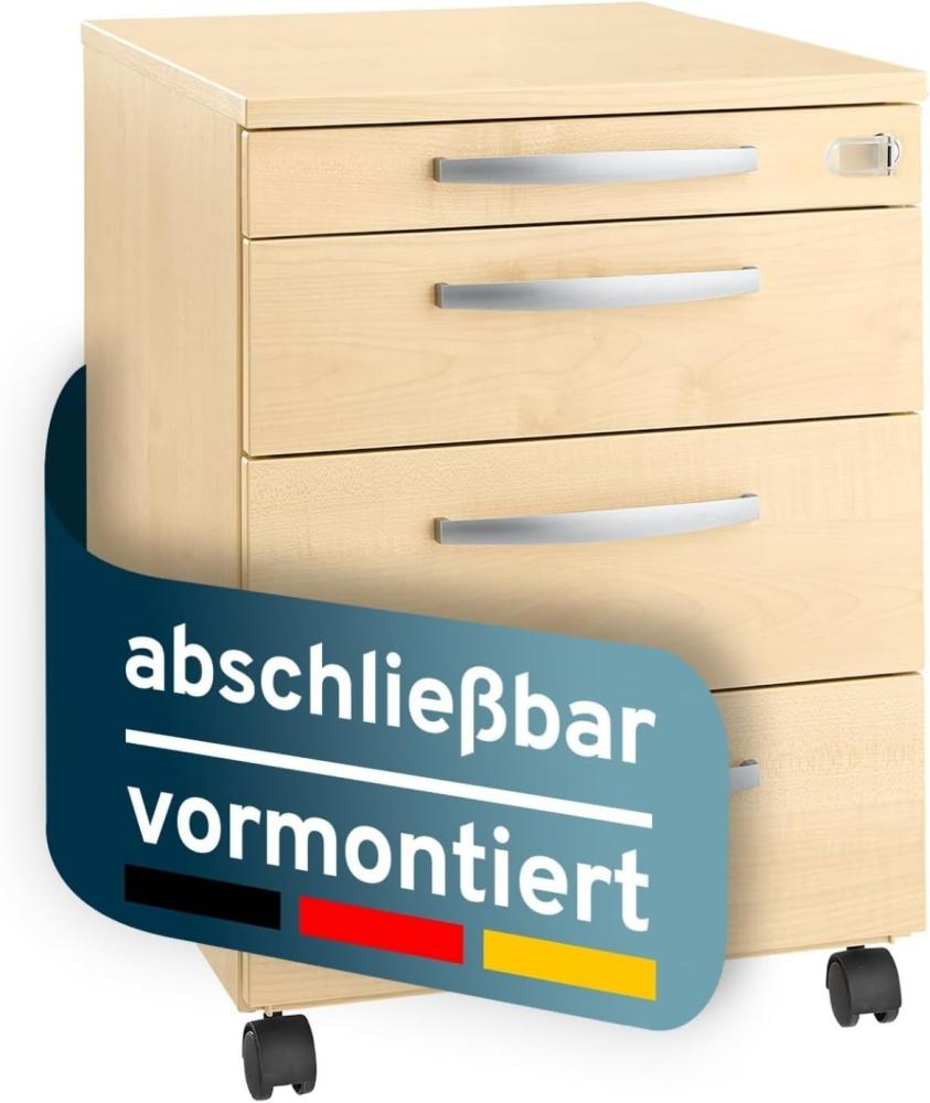 SCHÄFER SHOP Rollcontainer 3 Schubladen – Bürocontainer Aktenschrank Schubladenschrank, 1 Utensilienauszug, Zentralverriegelung - B 432 x T 580 x H 595 mm - Ahorn Bild 1