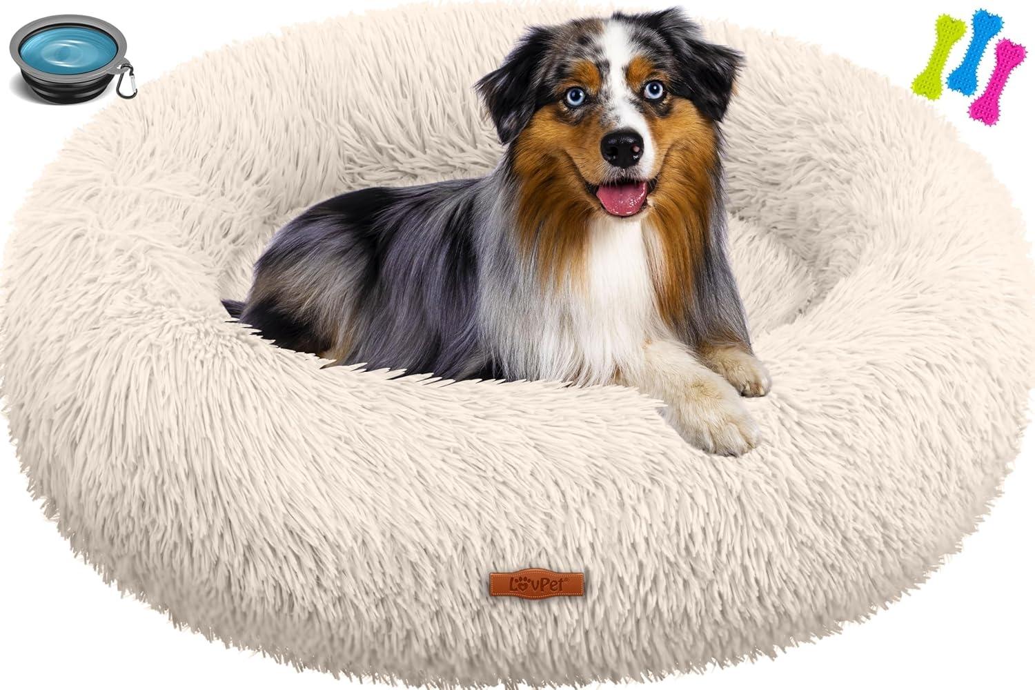 Lovpet® Hundebett Bagel, Waschbar, Inkl. Napf + 3X Kauknochen, flauschig, Rund, aus Plüsch für Kleine, Mittelgroße & Große Hunde, Katzen [XL, Ø 70cm Beige] Bild 1