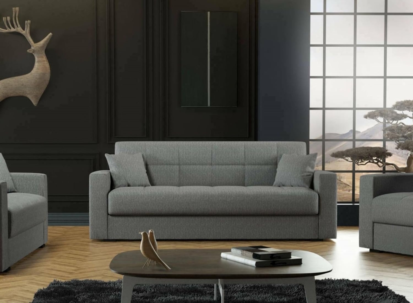 Dmora - Schlafsofa Pinto, Lineares 3-Sitzer-Containersofa, Wohnzimmersofa aus gepolstertem Stoff mit Klick-Klack-Öffnung, Cm 212x80h87, Grau Bild 1