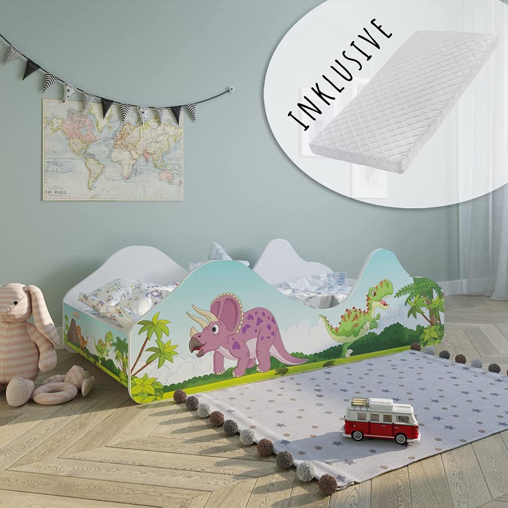 Kids Collective Kinderbett Jugendbett 80x160 mit Rausfallschutz, Dinosaurier oder Piraten Motiv, Spielbett mit abgerundeten Kanten, mit Matratze Bild 1