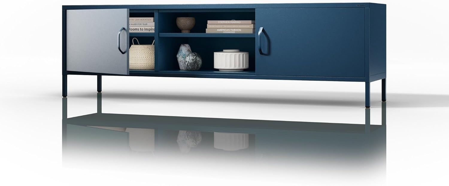 Jan Nowak Couchtisch Moderner Metalltisch Mit 2 Seitlichen Fächern & Offenem AV-Fach Robuste Stahlkonstruktion 40 kg Belastbarkeit Modell Rosaria 90 x 45 x 45 cm Marineblau Bild 1