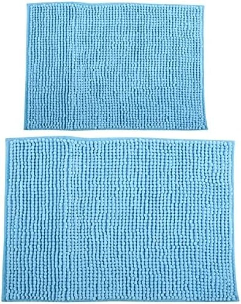 MSV Badteppich 2er Set Badvorleger Duschvorleger Chenille Hochflor Badematte 40x60 cm + 60 x 90 cm – Hellblau Bild 1