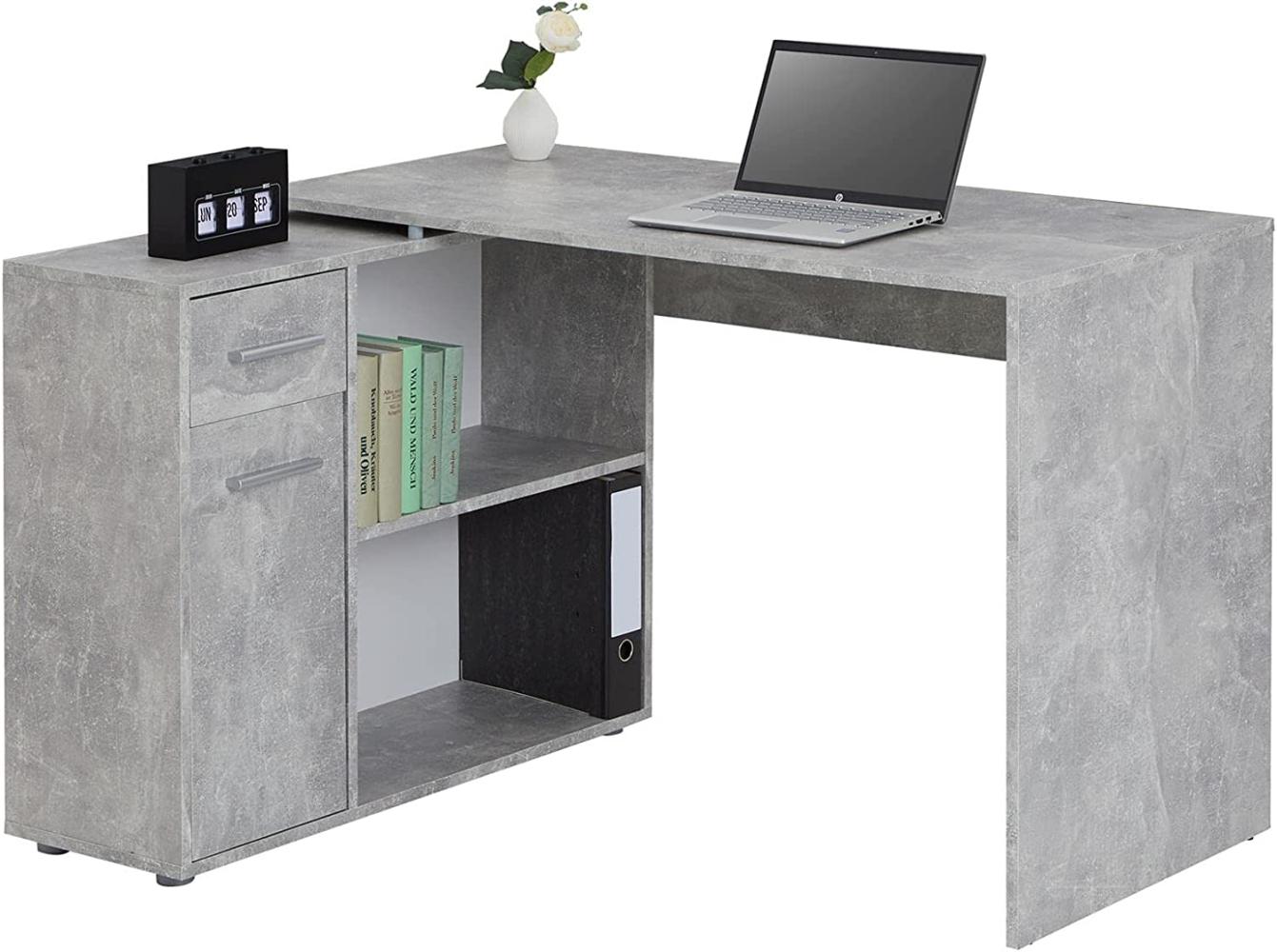 Eckschreibtisch Isotta modernes Design, Schreibtisch Computertisch Bürotisch Winkelschreibtisch mit großzügigem Stauraum in Betonoptik foliert Bild 1