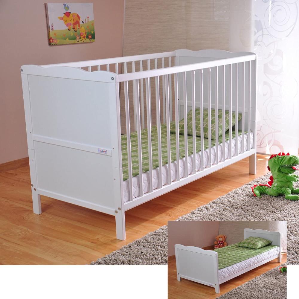 BABY Gitterbett Babybett Kinderbett mit Aloe Vera Schaumstoffmatratze Zahnschienen höhenverstellbar Weiß umbaubar zum Juniorbett Bild 1