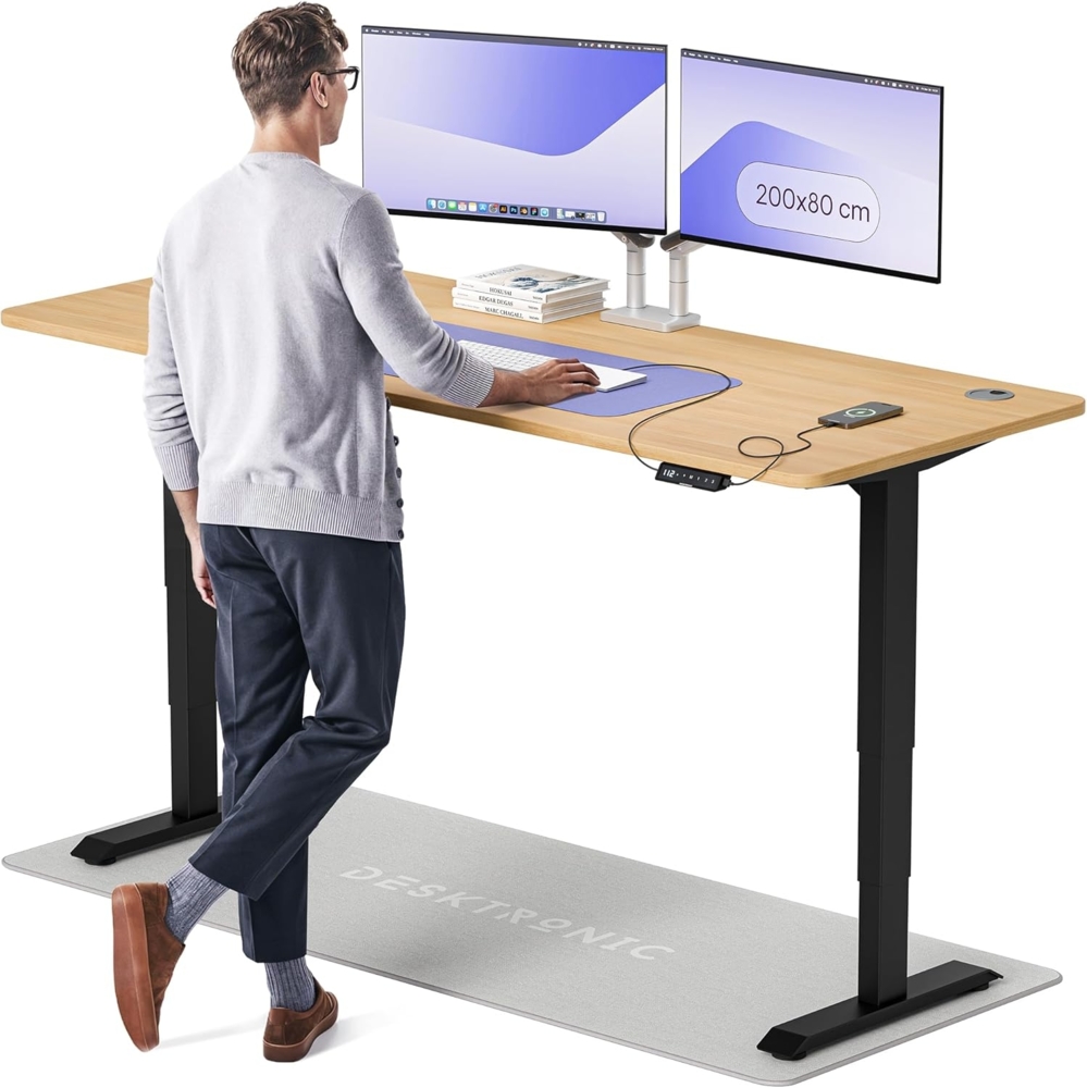 Höhenverstellbarer Schreibtisch - Höhenverstellbar Elektrisch mit Flüsterleisem Dual-Motor & Touchscreen - Hohe Tragfähigkeit - Stehtisch von Desktronic, Schwarz + Eiche, 200x80 cm Bild 1