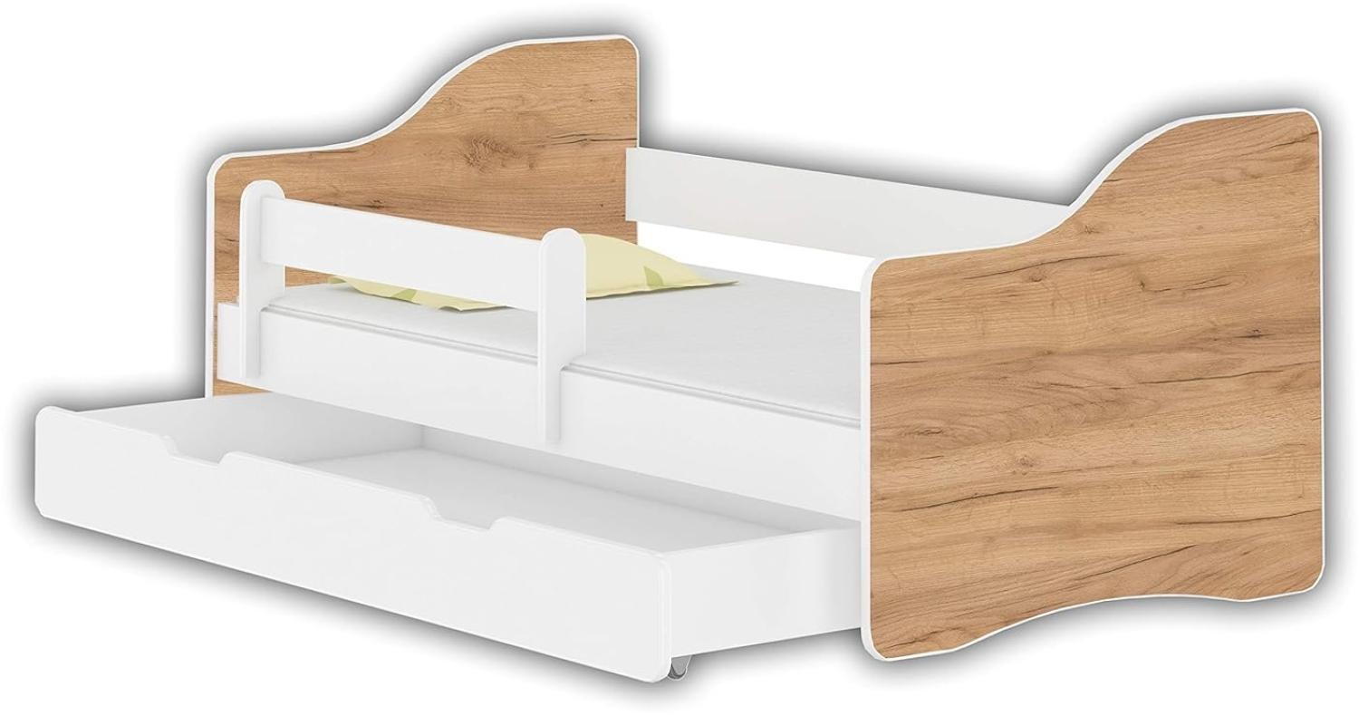 Jugendbett Kinderbett mit Einer Schublade mit Rausfallschutz und Matratze Weiß ACMA Happy 140x70 160x80 180x80 (Eiche Craft, 140x70 cm + Schublade) Bild 1