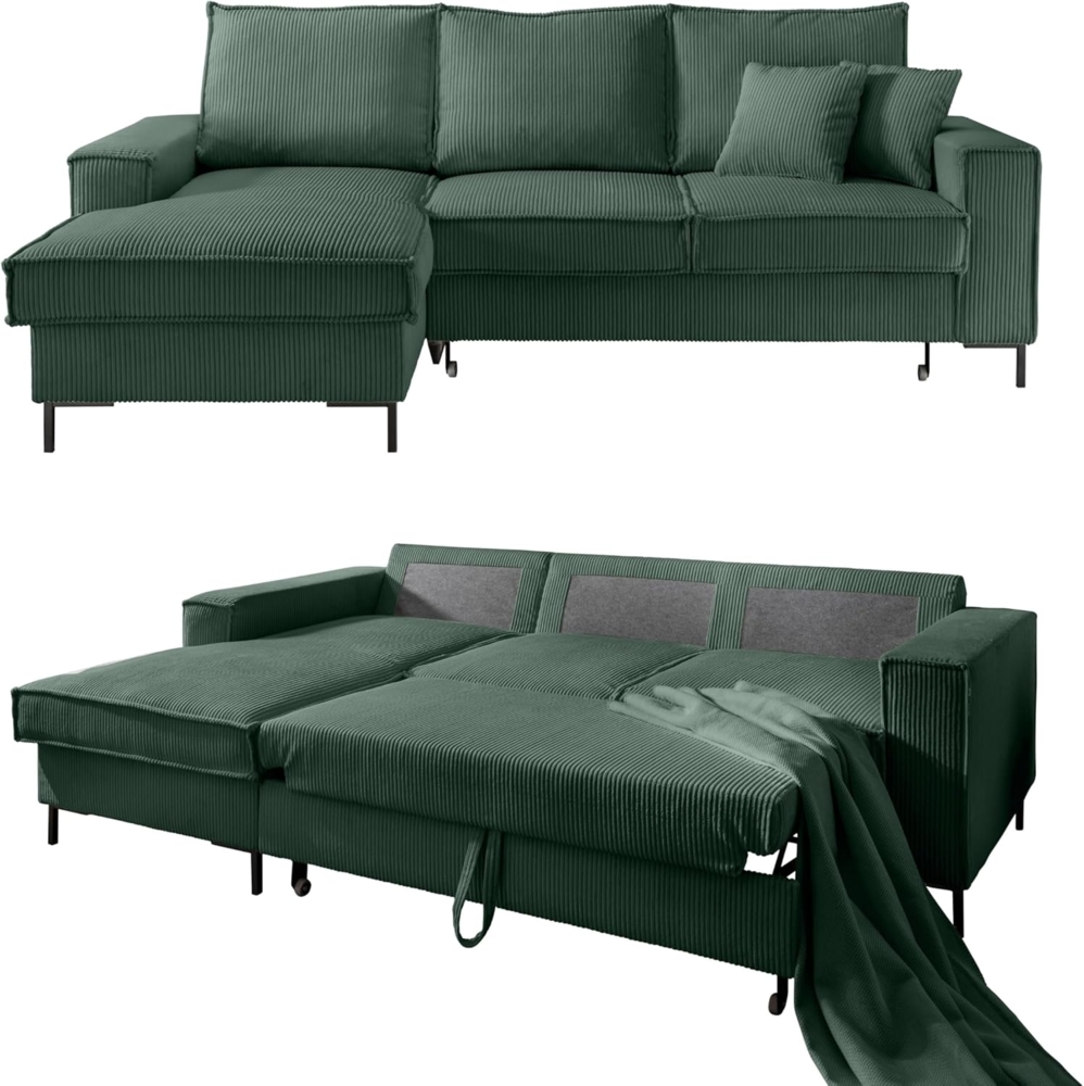 luma-home Ecksofa 17224, mit Bettfunktion und Bettkasten 240x150 cm, Wellenunterfederung, Récamiere links, Cord-Bezug in Grün Bild 1