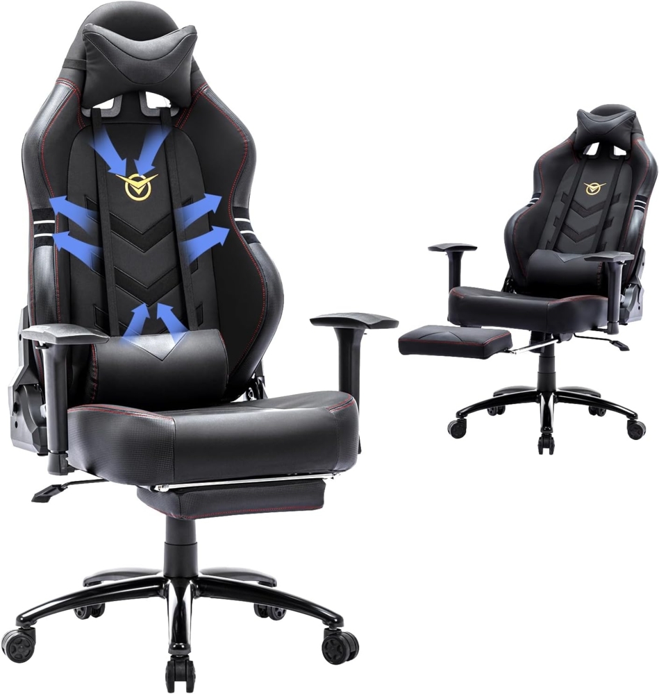 COLAMY Gaming Stuhl mit Fußstütze 160 KG Belastbarkeit-Computer Gamer PC Stuhl, Ergonomisch Hohe Rückenlehne, Verstellbare Rückenlehne, 3D Armlehnen, Kopfstütze und Lordosenstütze, Schwarz Bild 1