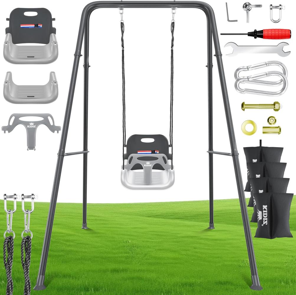 KIDIZ® Babyschaukel mit Gestell 3-in-1 Indoor & Outdoor | Kinderschaukel mit Metallständer höhenverstellbar | Schaukelgestell + 4 Sandsäcke & Sicherheitsgurt | Mitwachsender Schaukelsitz Anthrazit Bild 1