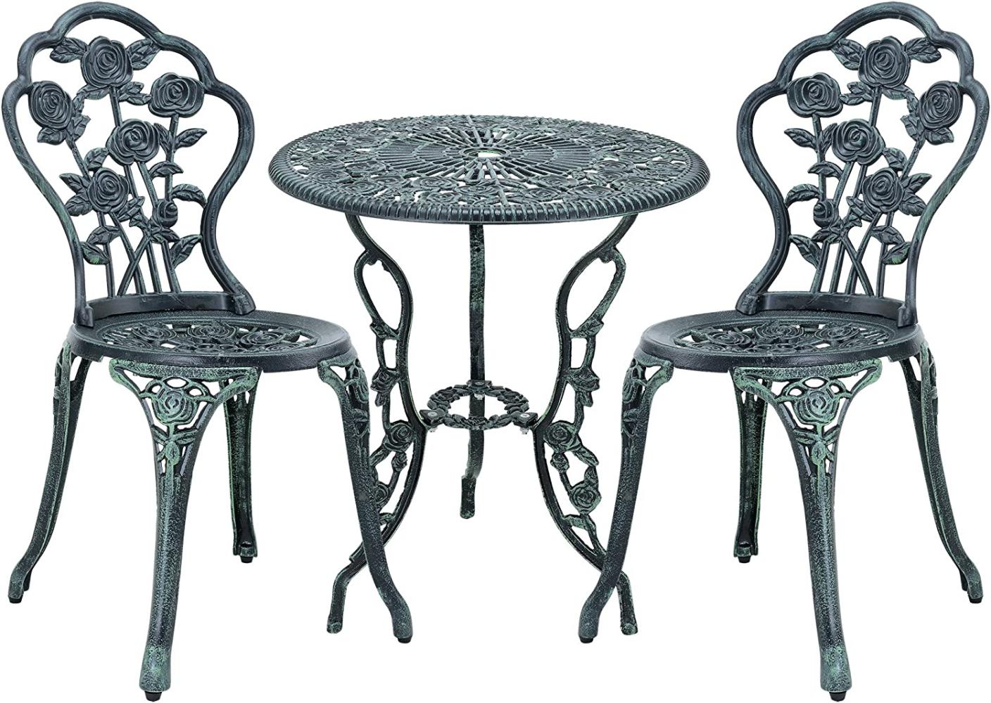 casa. pro TISCH + 2 STÜHLE GUSSEISEN ANTIK DUNKEL GRÜN BISTRO SET GARTEN SITZGARNITUR Bild 1