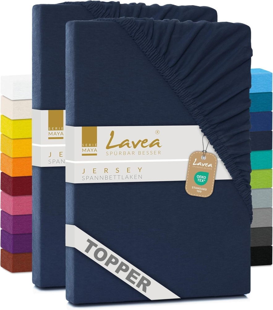 2er Set Lavea Topper Spannbettlaken - Spannbetttuch Jersey Topper Serie Maya, 200x220 cm, Galaxyblau, 100% Baumwolle, hochwertige Verarbeitung, mit Gummizug Bild 1