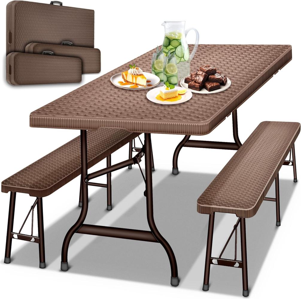 tillvex® Bierzeltgarnitur klappbar 3-teilig Set | Kunststoff Gartengarnitur wetterfest 180 cm | Gartenmöbel Set Indoor & Outdoor mit Gartentisch und Bänken | Festzeltgarnitur Rattan (Rattan/Braun) Bild 1