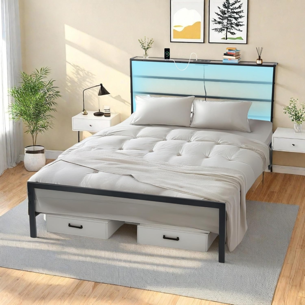 FurnitureR Bettrahmen 140x197cm Metall Bettrahmen mit LED-Licht, mit 2 Steckdosen und 2 USB-Anschlüssen ausgestattet, Modernes Jugendbett mit Lattenrost, Doppelbett, Einzelbett Bild 1