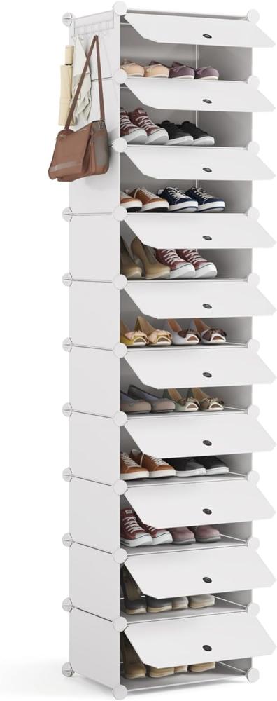 Mondeer Schuhregal, Kunststoff Schuhschrank, Modulares Schuhaufbewahrung mit Tür, Staub- und Wasserabweisend, Platzsparendes, 10 Fächer für Foyer, Schlafzimmer, Wohnzimmer, für 20 Paar Schuhe, Weiß Bild 1