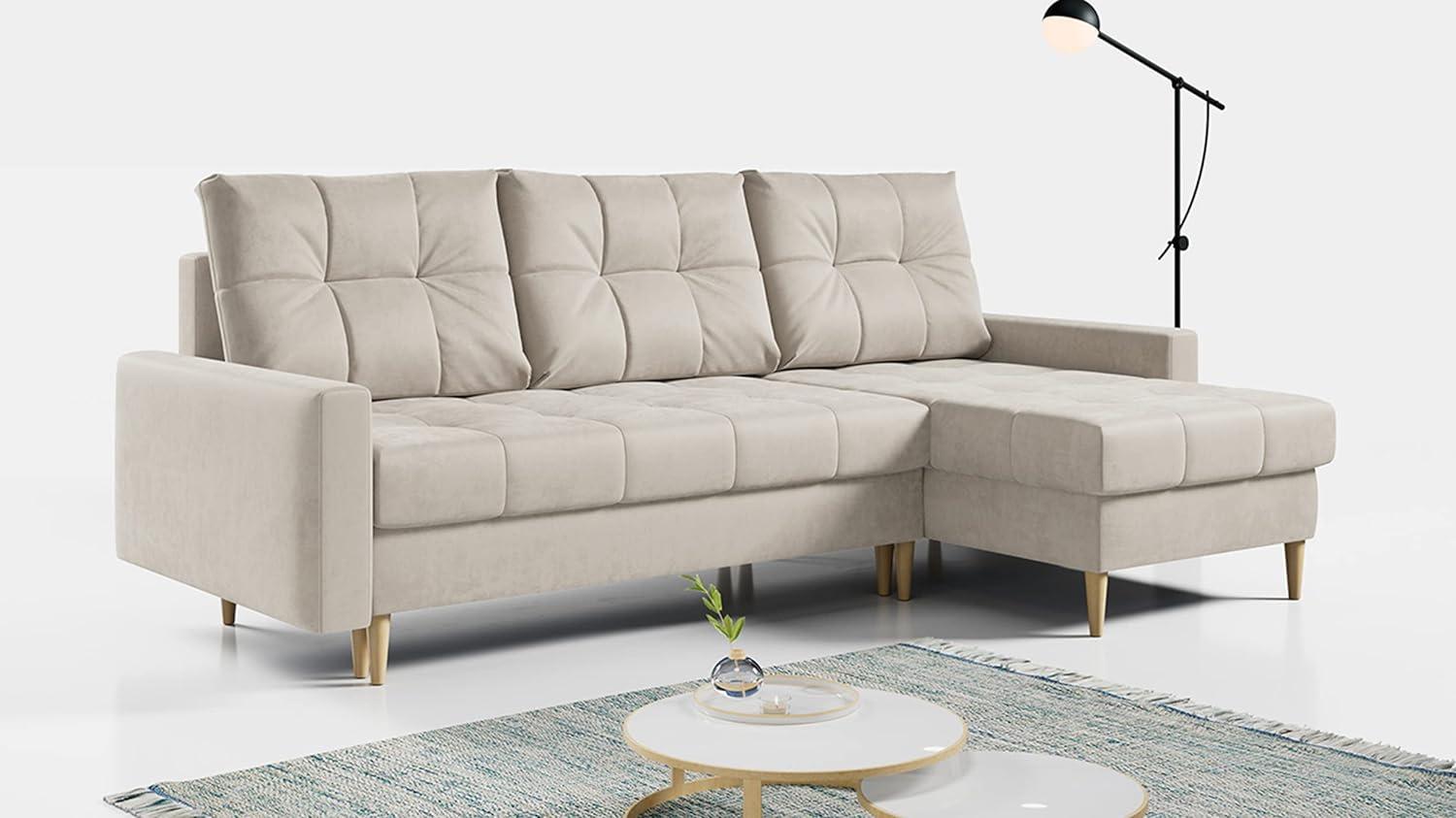 Ecksofa Wohnzimmer - L-form mit Schlaffunktion und Bettkasten - ASTRA - Beige Mikrofaser Bild 1