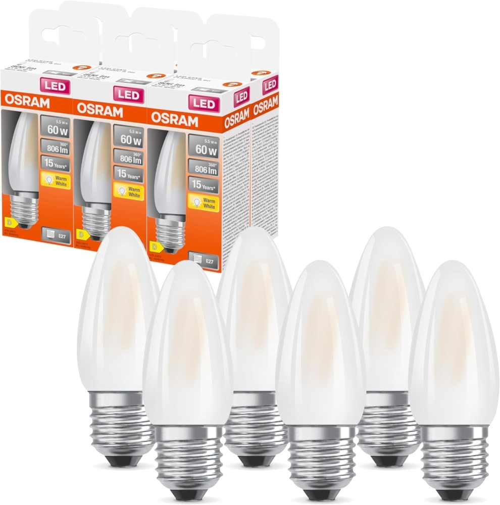 Osram LED Star Classic LED-Lampe in klassischer Minikerzenform, weiß, warmweißes Licht (2700 K) mit 5.5W / 806 lm, aus gefrostetem bleifreiem Glas, E27 Sockel, IP20, EEK D, 35mm DM,6-Pack Bild 1