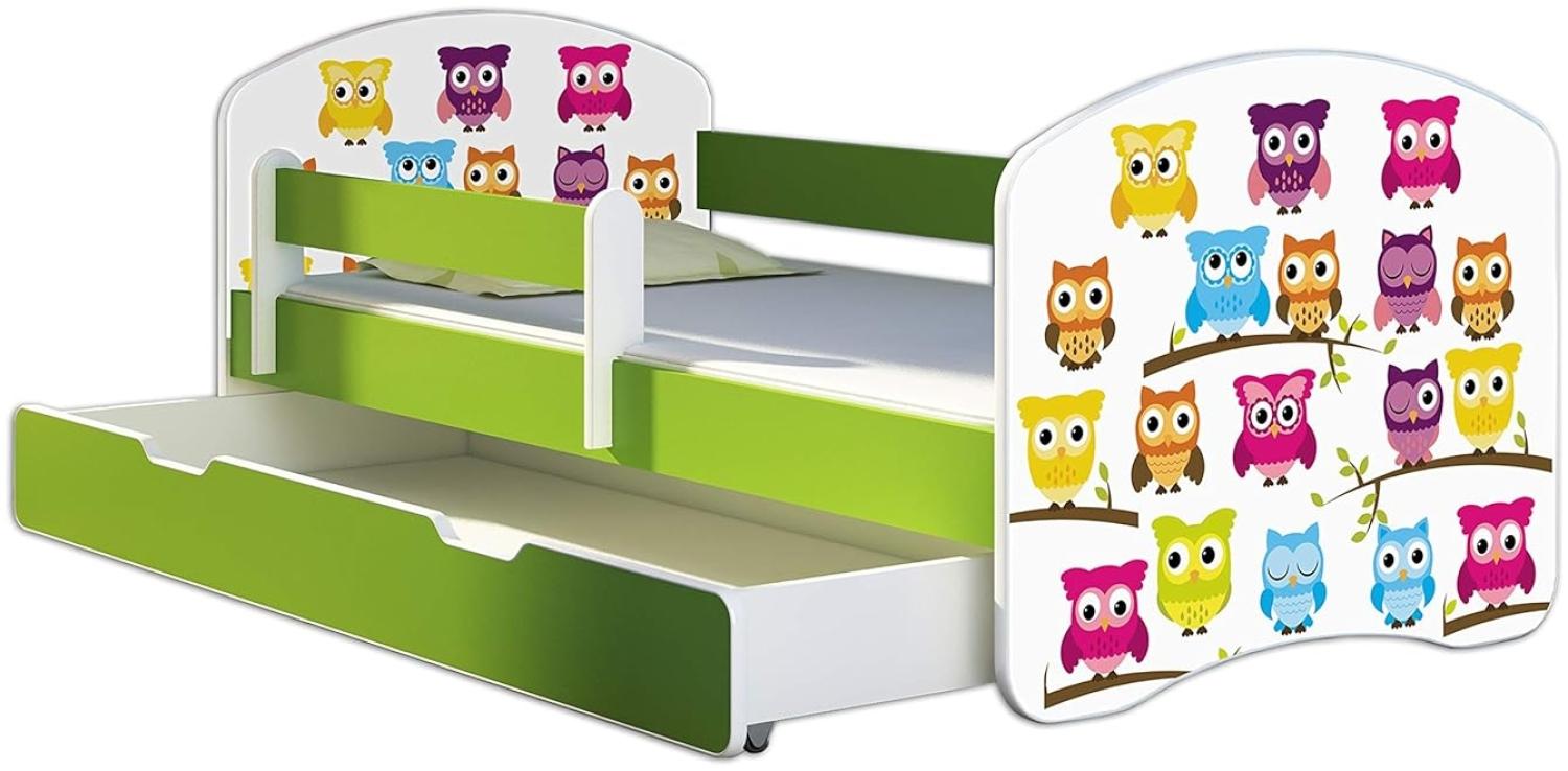 ACMA Kinderbett Jugendbett mit Einer Schublade und Matratze Grün mit Rausfallschutz Lattenrost II 140x70 160x80 180x80 (31 Eule, 140x70 + Bettkasten) Bild 1