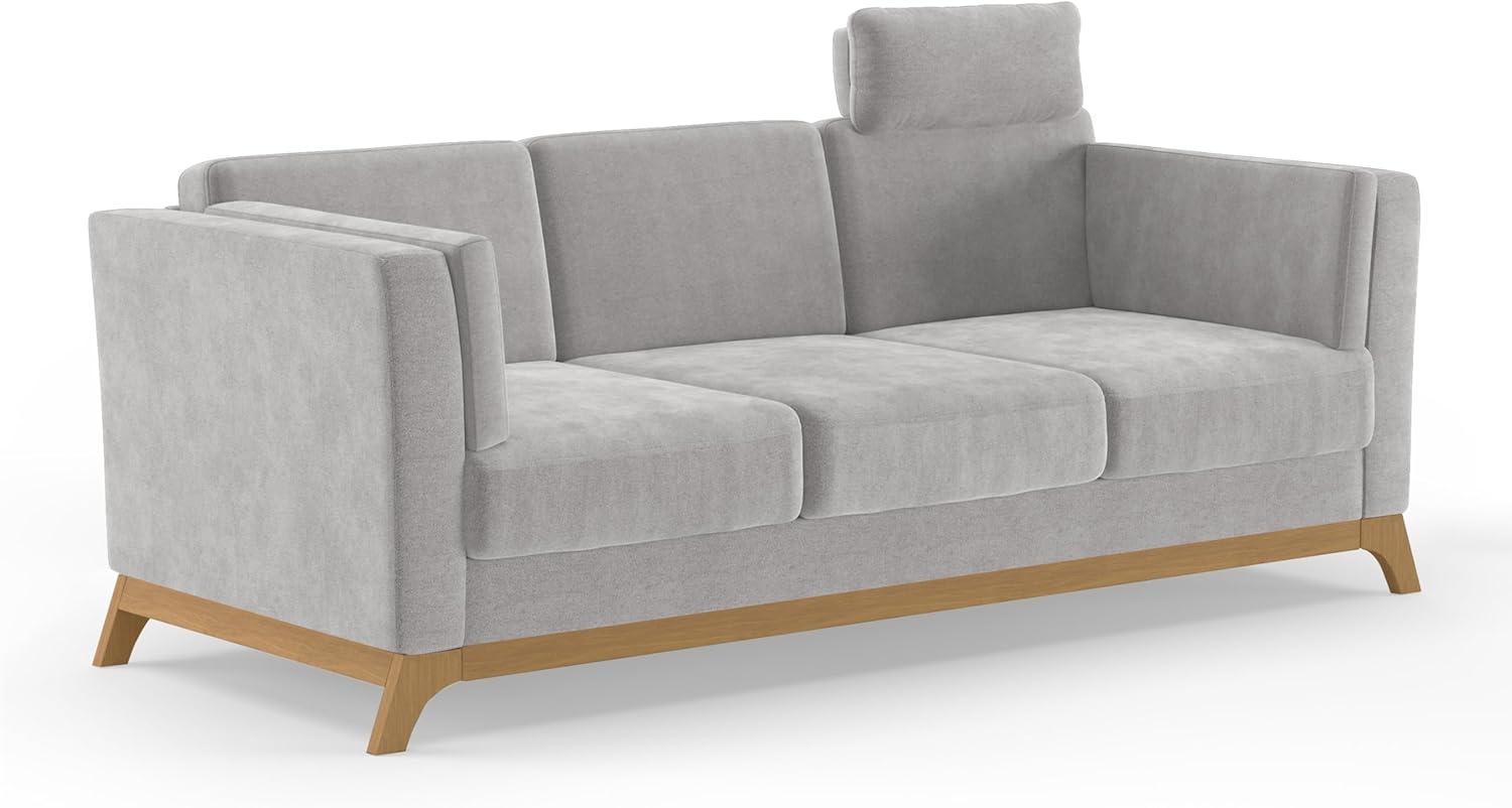 Cavadore 3er-Sofa Vida / 3-Sitzer Couch im trendigen Design mit massivem Holzrahmen in Eiche, Kopfstütze mit Kuschelkissen / 213 x 84 x 93 / Mikrofaser, Hellgrau Bild 1