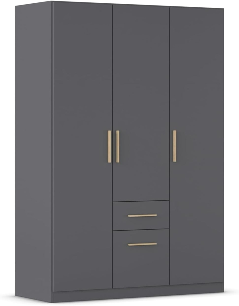 Rauch Möbel Glasgow Drehtürenschrank, Kleiderschrank, Schrank, Garderobe 3-türig, 2 Schubladen, Farbe Grau metallic, Griffprofil Eiche Massiv, 136 x 197 x 54 cm Bild 1