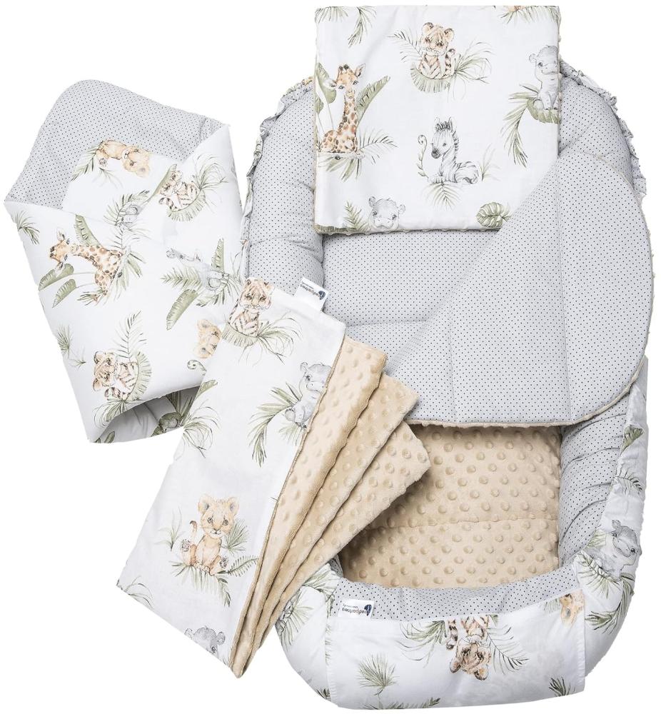 Medi Partners 5 teilig Babynestchen Set Babynest 100x60x15 herausnehmbarer Einsatz Bett Kuschelnest Krabbeldecke Babys Neugeborene 100% Baumwolle (Safari mit beige Minky) Bild 1