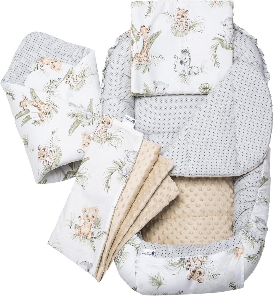 Medi Partners 5 teilig Babynestchen Set Babynest 100 x 60 x 15 herausnehmbarer Einsatz Bett Kuschelnest Krabbeldecke Babys Neugeborene 100% Baumwolle (Safari mit beige Minky) Bild 1