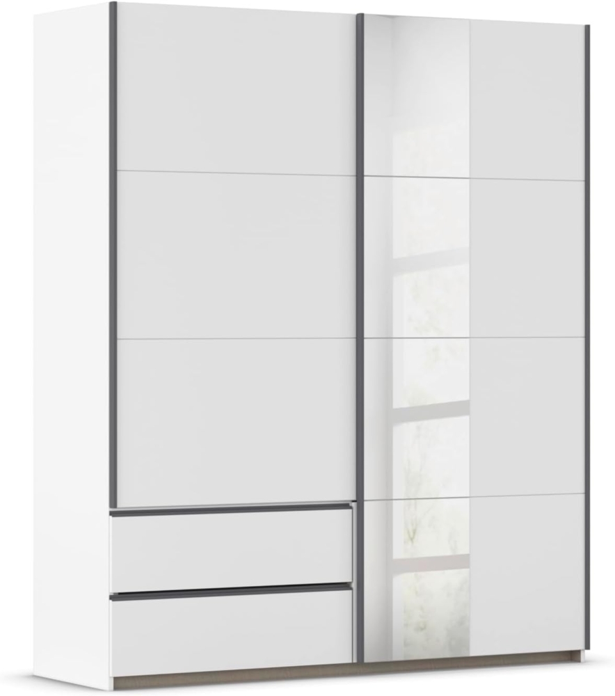 Rauch Möbel Stoke, Schwebetürenschrank, Kleiderschrank, Schrank, Garderobe, 2-türig, 1 Spiegel, 2 Schubladen, Farbe Weiß, Griffleisten Grau metallic, Schwarz, 175 x 210 x 59 cm Bild 1