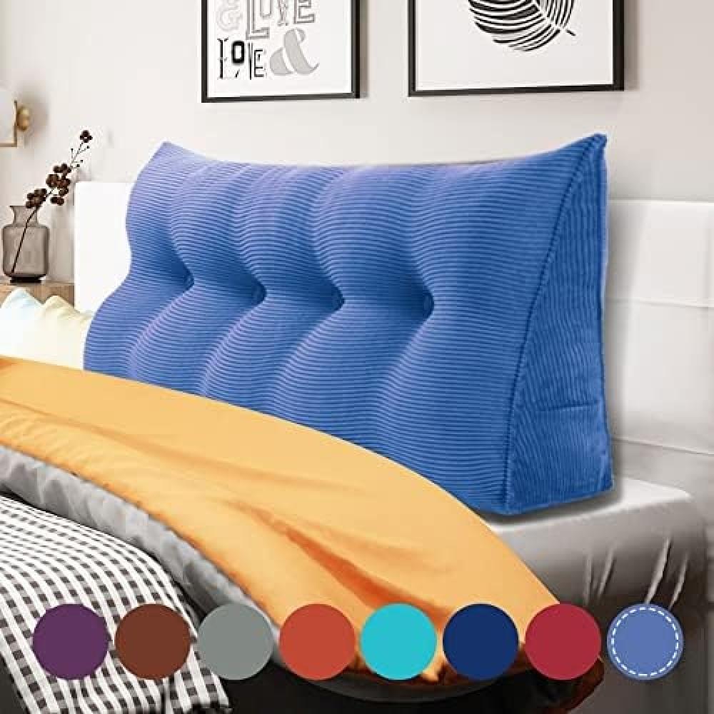 VERCART Großes Keilkissen, Langes Lesekissen, Bettruhe Rückenkissen, Dreieckiges Liegekissen, Dekoratives Kopfteilkissen für Tagesbett oder Tiefes Sofa, Cord Jeansblau, 120cm Bild 1