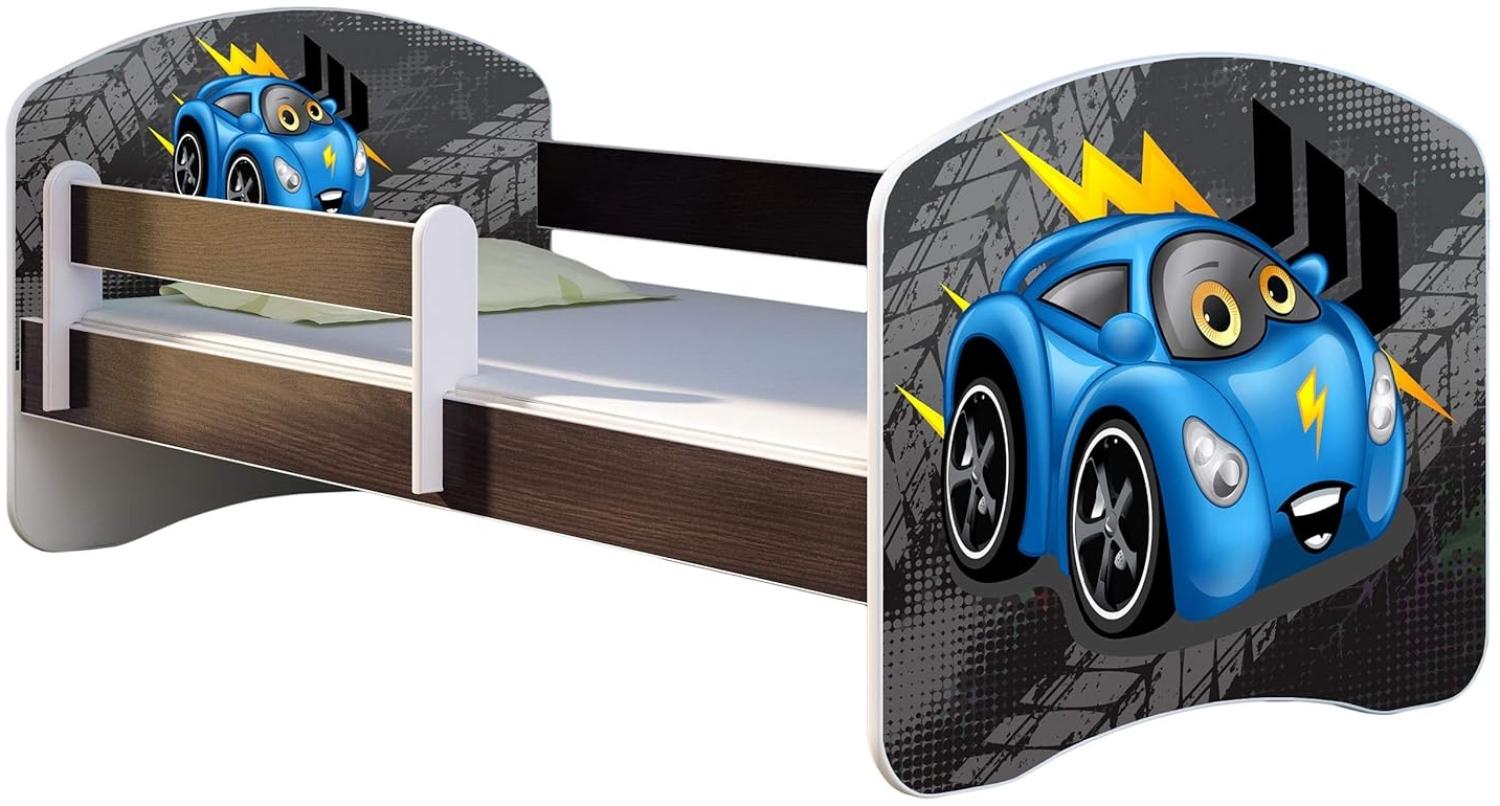 ACMA Kinderbett Jugendbett mit Einer Schublade und Matratze Wenge mit Rausfallschutz Lattenrost II 140x70 160x80 180x80 (04 Blaue Auto, 160x80) Bild 1