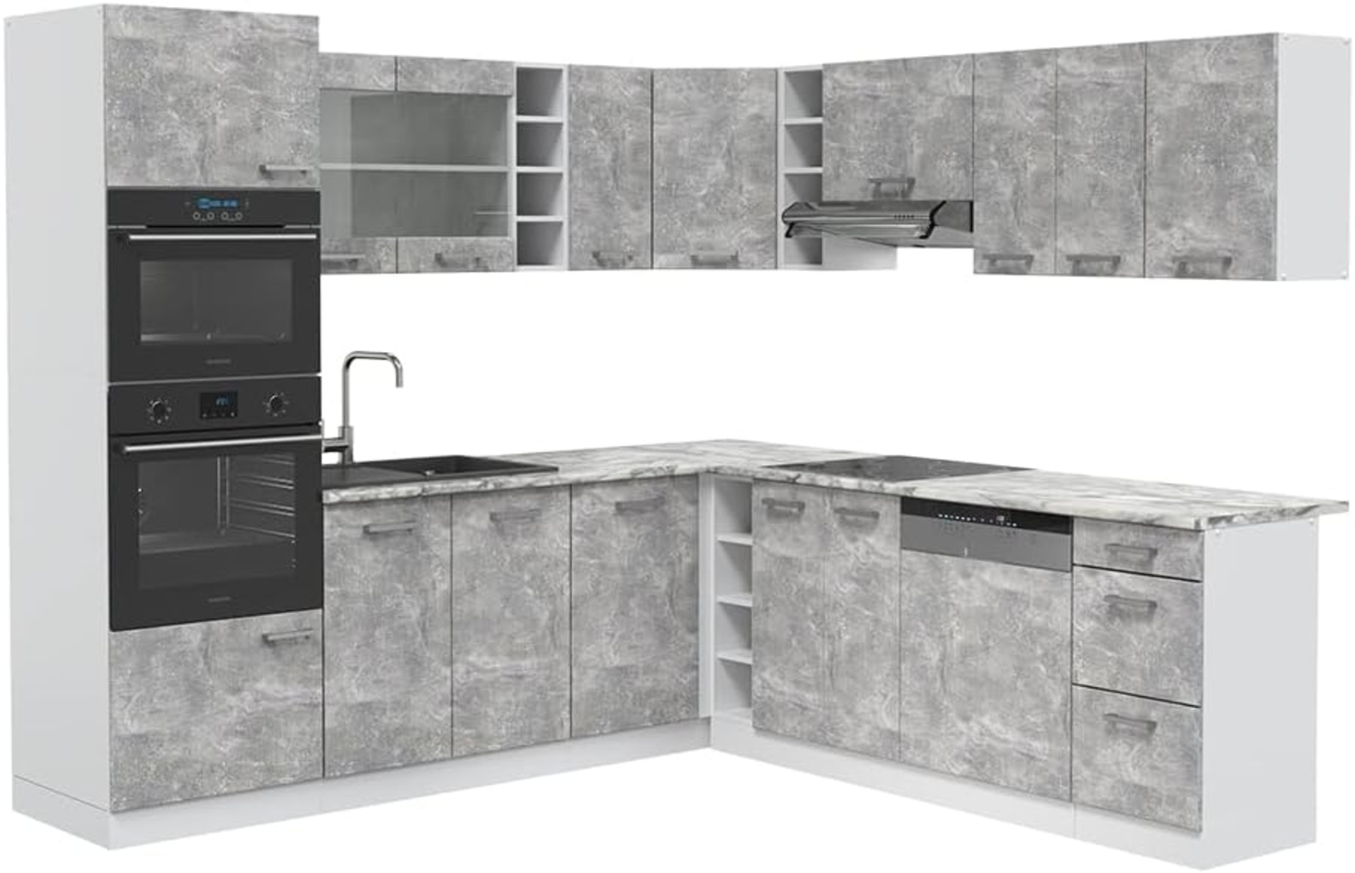 Eckküche R-Line Beton/Weiß 247 x 60 cm , AP Marmor Vicco Bild 1