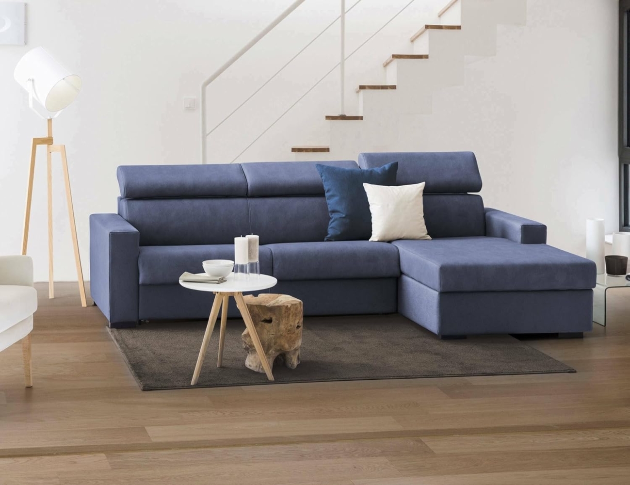 Talamo Italia - Schlafsofa mit Halbinsel Alberta, Sofa mit rechter Stauraumhalbinsel, Standardarmlehnen, 100 % Made in Italy, 280 x 95 x 85 cm, Blau Bild 1