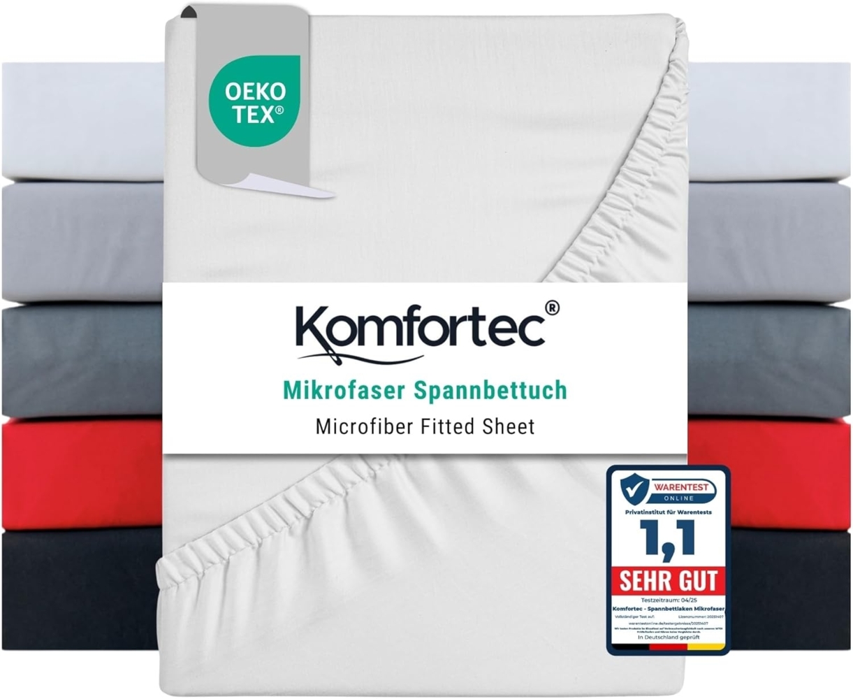 Komfortec Mikrofaser Spannbettlaken 140x200 cm – Weiches Spannbetttuch mit Rundumgummi – Fitted Sheet für Matratzen bis 30 cm – Weiß – Oeko-Tex – Pflegeleicht & Hautfreundlich – 90g/m² Bild 1