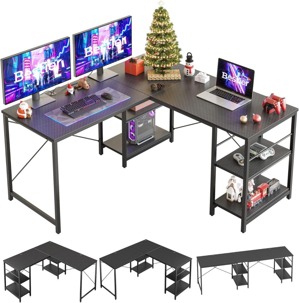 Bestier L-förmiger Schreibtisch mit Regalen Reversibel Eckschreibtisch 240CM Industrieller Langen Tisch Stabil Schreibtisch L Form Computer Workstation mit 3 Kabellöchern Bild 1