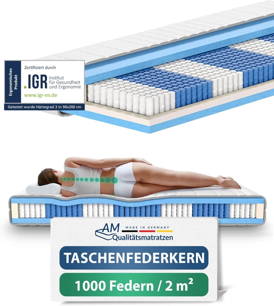 AM Qualitätsmatratzen | 1000 Federn 7-Zonen Taschenfederkernmatratze H5 - 80x220 cm Bild 1