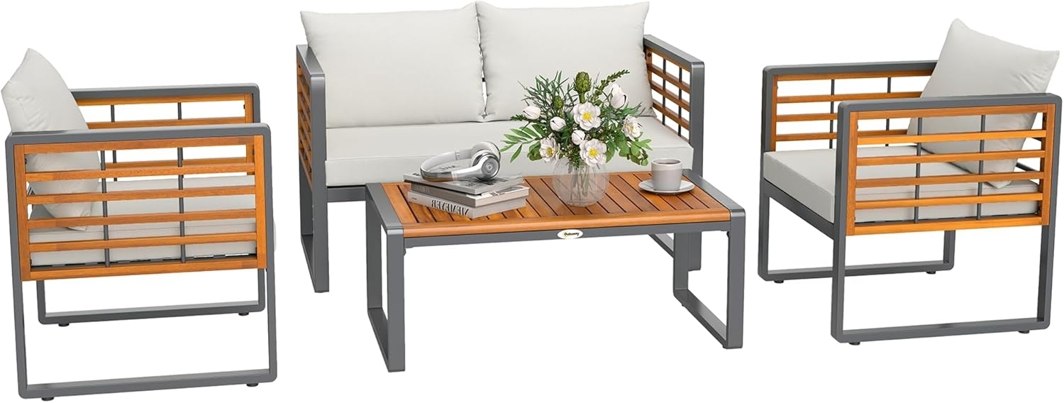 Outsunny Sitzgruppe mit 2er Sofa, 2 Sessel, Kissen, Beistelltisch im Lamellendesign, (Gartenmöbel Set aus Akazienholz, 4-tlg, Sitzgruppe für 4 Personen), für Garten, Balkon, Beige Bild 1