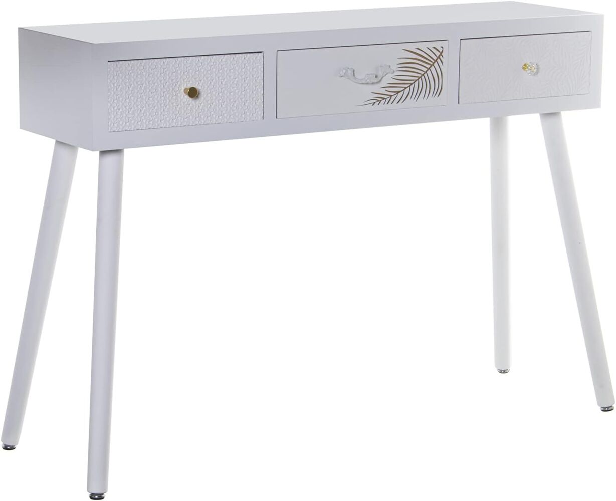 DRW Eingangstisch mit 3 Schubladen aus MDF-Holz mit Prägung Blatt in Weiß und Gold, 107 x 30 x 78 cm, DM, bunt, estandar Bild 1