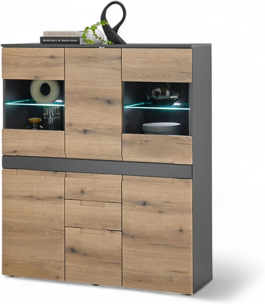 Taylor Highboard mit LED-Beleuchtung in Anthrazit, Evoke Eiche Optik - Moderner Wohnzimmerschrank mit viel Stauraum für Ihren Wohnbereich - 119 x 140 x 38 cm (B/H/T) Bild 1