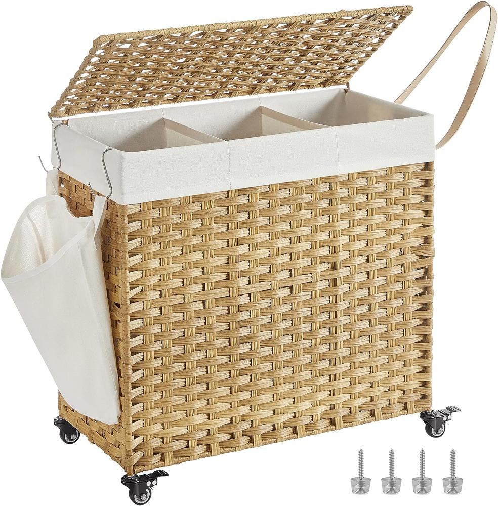 Songmics Wäschekorb handgeflochten mit 3 Fächer, Rattan-Optik Naturfarben, 64 x 33 x 65,5 cm Bild 1