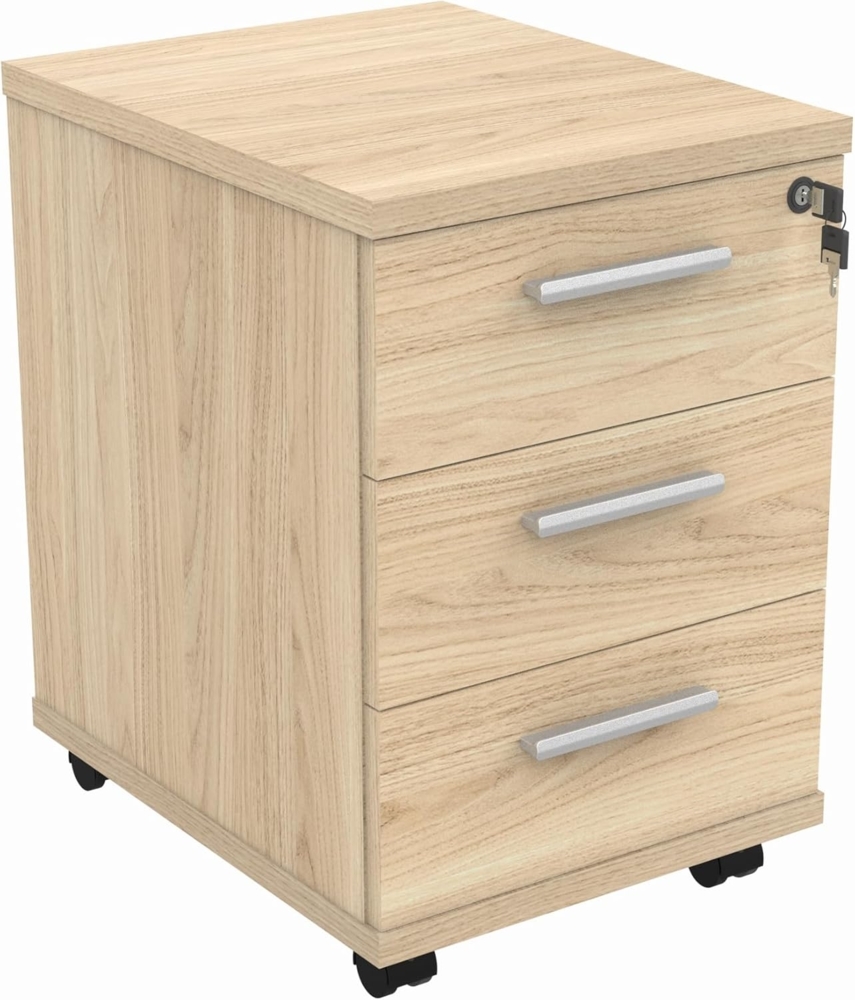 office hippo Strapazierfähiger Rollschrank mit 3 Schubladen, beweglicher Büroschrank mit abschließbarem Stauraum, Holz, Kanadische Eiche, 40,4 x 50 x 59,5 cm Bild 1