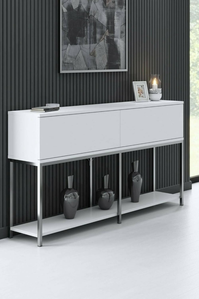 Dmora - Kommode Altair, Wohnzimmerbuffet, Wohnzimmer-Sideboard, Moderne Küchen-Speisekammer, 150x30h80 cm, Weiß und Silber Bild 1