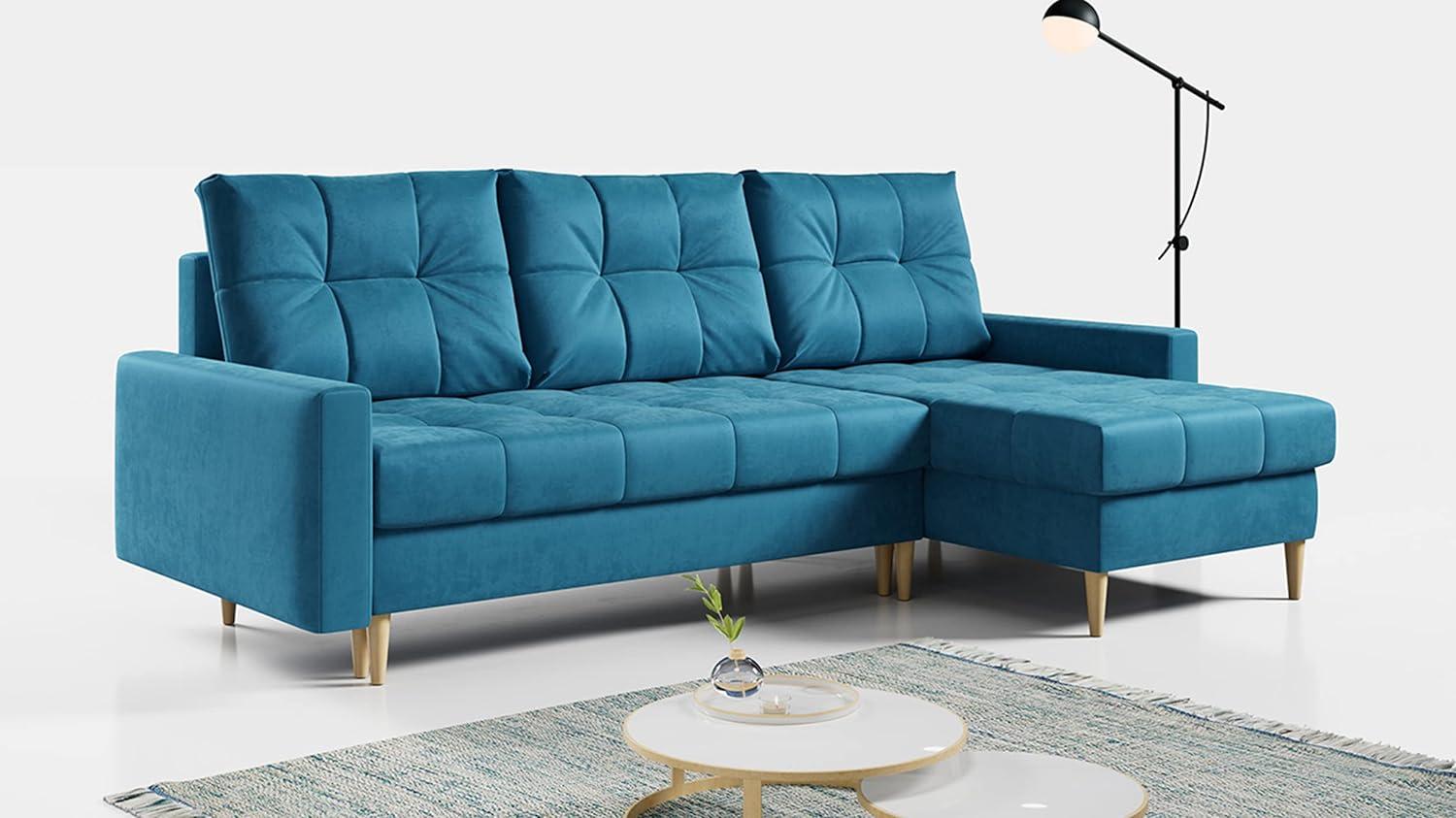 Ecksofa Wohnzimmer - L-form mit Schlaffunktion und Bettkasten - ASTRA - Hellblau Mikrofaser Bild 1